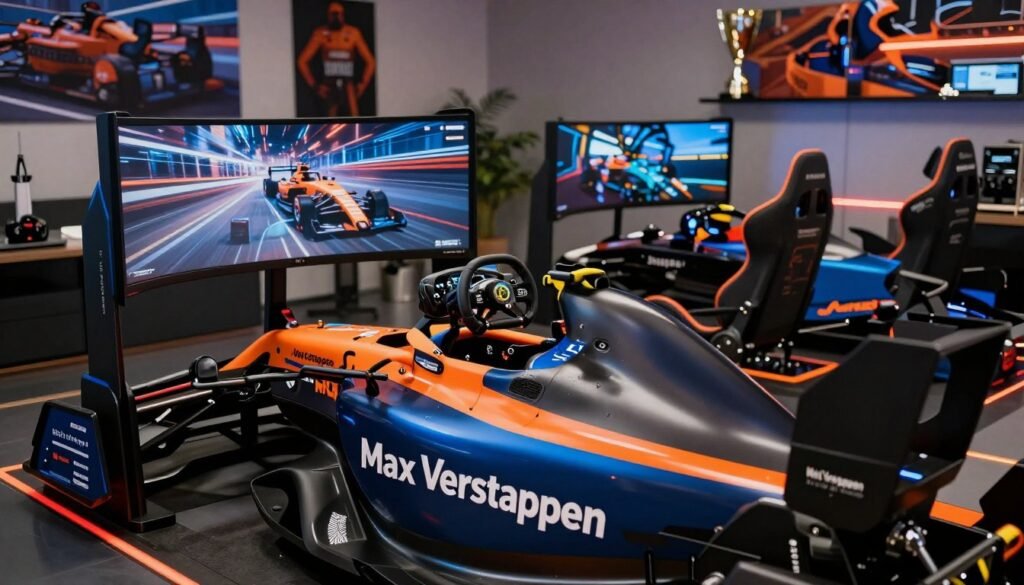 A high-resolution image of a futuristic racing simulator branded with "Max Verstappen" prominently displayed. In the foreground, showcase the sleek racing cockpit featuring a realistic steering wheel and multiple touchscreens. The middle ground includes advanced gaming chairs and high-tech accessories, all branded with Verstappen’s signature colors of orange and blue. The background features a home setup with racing memorabilia, like posters and trophies, creating a professional, competitive atmosphere. Soft, dramatic lighting highlights the simulator, with reflections giving a polished finish. The perspective is slightly angled to evoke depth and immersion, creating a vibe of seriousness and focus, perfect for an article on equipment used by Max Verstappen.