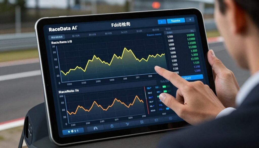 A high-tech digital telemetry report dashboard from RaceData AI displayed on a tablet, featuring colorful line graphs for speed, braking, and throttle inputs on a dark racing circuit background.