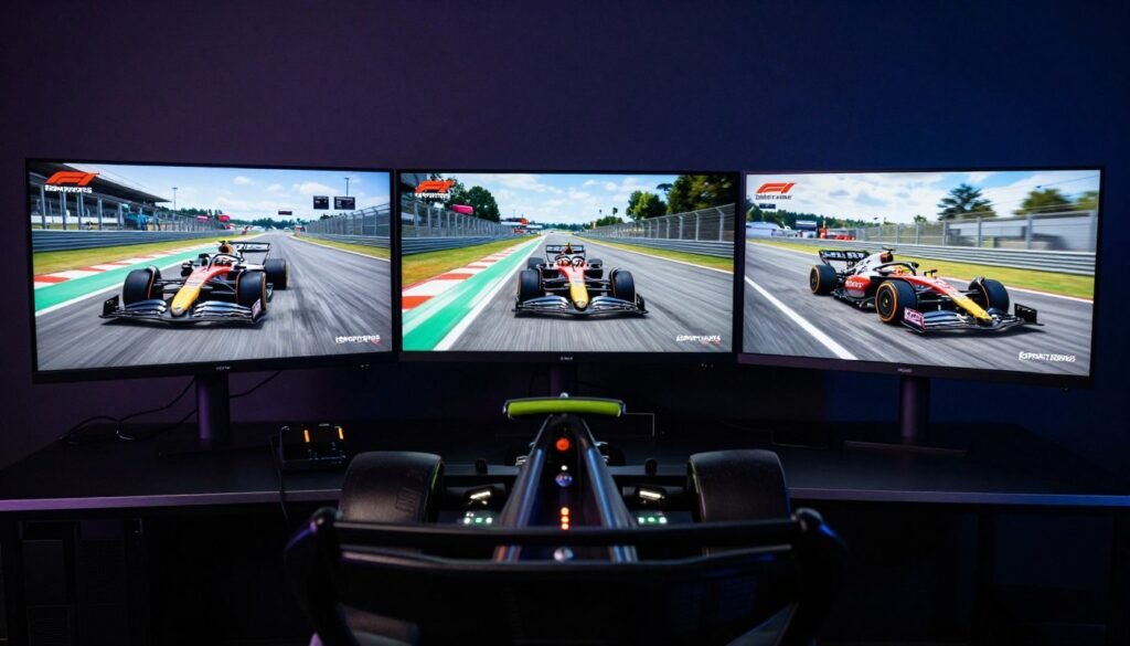 A high-tech sim racing cockpit with three wide monitors displaying a Formula 1 car on a digital track, official F1 Esports Series branding visible on the screen, cinematic lighting.