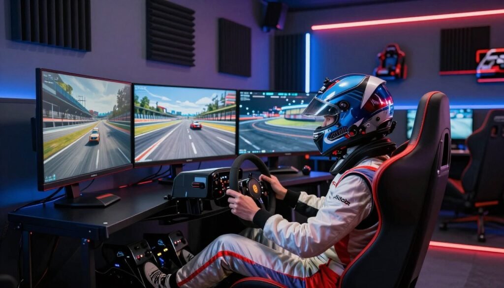 A high-tech sim racing setup dominates the foreground, featuring a sleek racing wheel and pedals, with multiple curved monitors displaying a realistic race track environment. In the middle, a focused sim racer, wearing a stylish racing suit and a helmet, leans forward with intense concentration, embodying the determination and skill required to excel in competitive sim racing. The background showcases an impressive gaming room, adorned with LED lighting accents, racing memorabilia, and soundproofing panels, creating an immersive atmosphere. The lighting is dynamic, with soft blue and red highlights emphasizing the modern technology of the setup. The mood is energized and competitive, reflecting the potential for sim racers to achieve success and earnings in the racing world. A high-tech sim racing setup dominates the foreground, featuring a sleek racing wheel and pedals, with multiple curved monitors displaying a realistic race track environment. In the middle, a focused sim racer, wearing a stylish racing suit and a helmet, leans forward with intense concentration, embodying the determination and skill required to excel in competitive sim racing. The background showcases an impressive gaming room, adorned with LED lighting accents, racing memorabilia, and soundproofing panels, creating an immersive atmosphere. The lighting is dynamic, with soft blue and red highlights emphasizing the modern technology of the setup. The mood is energized and competitive, reflecting the potential for sim racers to achieve success and earnings in the racing world.
