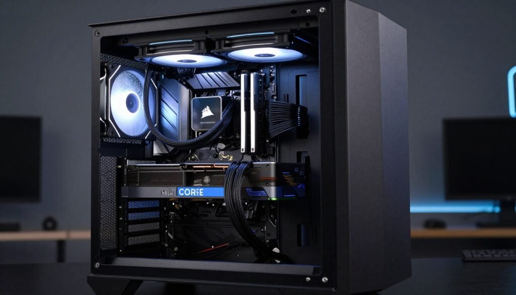 A powerful CORSAIR VENGEANCE i5200 gaming PC with Intel Core branding, glowing internal components, liquid cooling system, modern desktop environment, high-tech aesthetic, photorealistic, 8k.