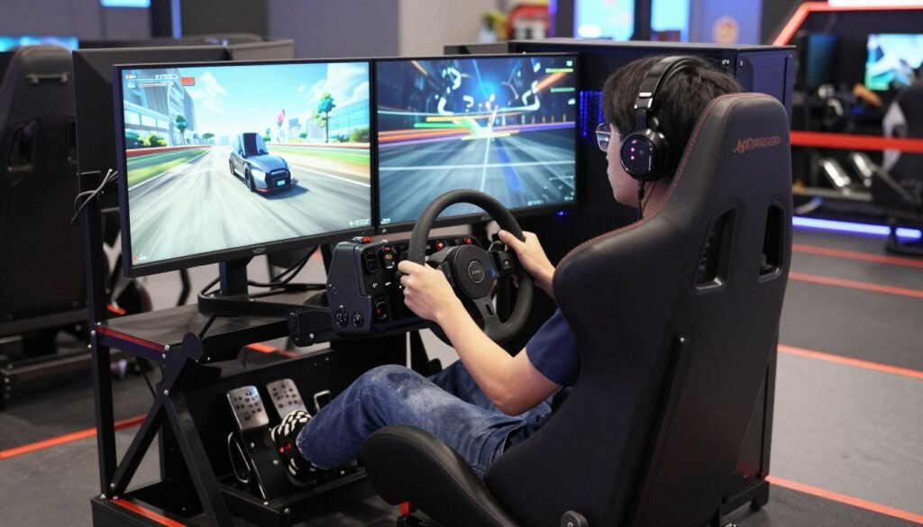 A powerful gaming PC with custom liquid cooling and a full sim racing cockpit featuring a professional steering wheel and pedals.