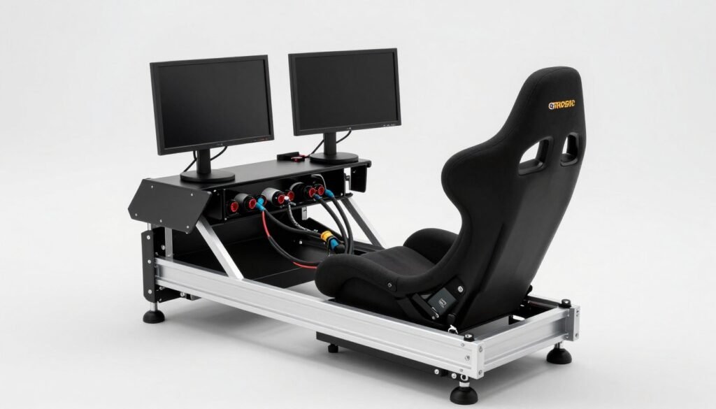 A professional aluminum profile sim racing cockpit setup with an ergonomic bucket seat, integrated monitor stands, and organized cable management.