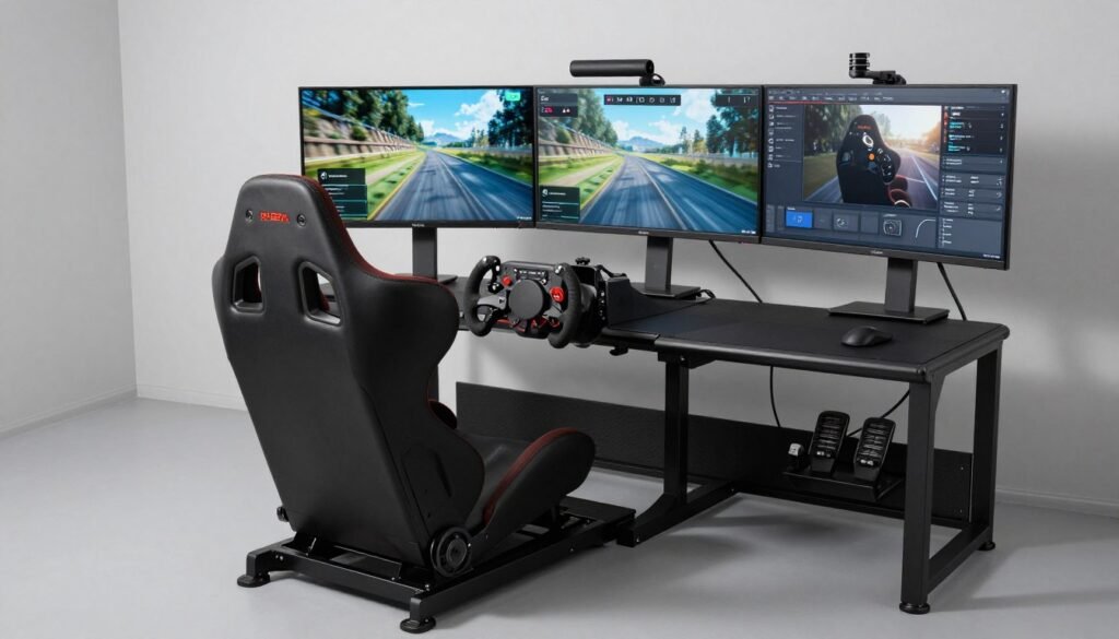 A professional enthusiast sim racing rig complete setup with a direct drive wheel base, load cell pedals, and triple monitor display.