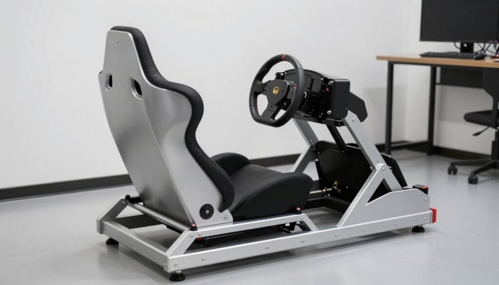 A professional-grade formula style sim racing cockpit aluminum with a low-profile reclined seat, silver aluminum extrusion frame, and a direct drive steering wheel in a minimalist gaming room.