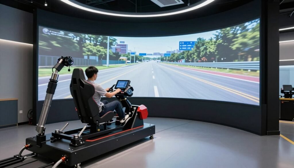A professional motion simulator racing rig with hydraulic actuators and a wrap-around curved screen in a high-tech room.