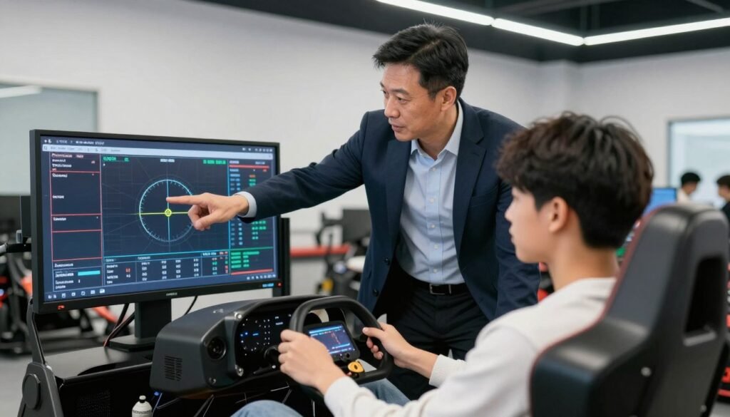 A professional racing coach standing over a student in a simulator, pointing at telemetry data on a secondary screen, professional and educational atmosphere.