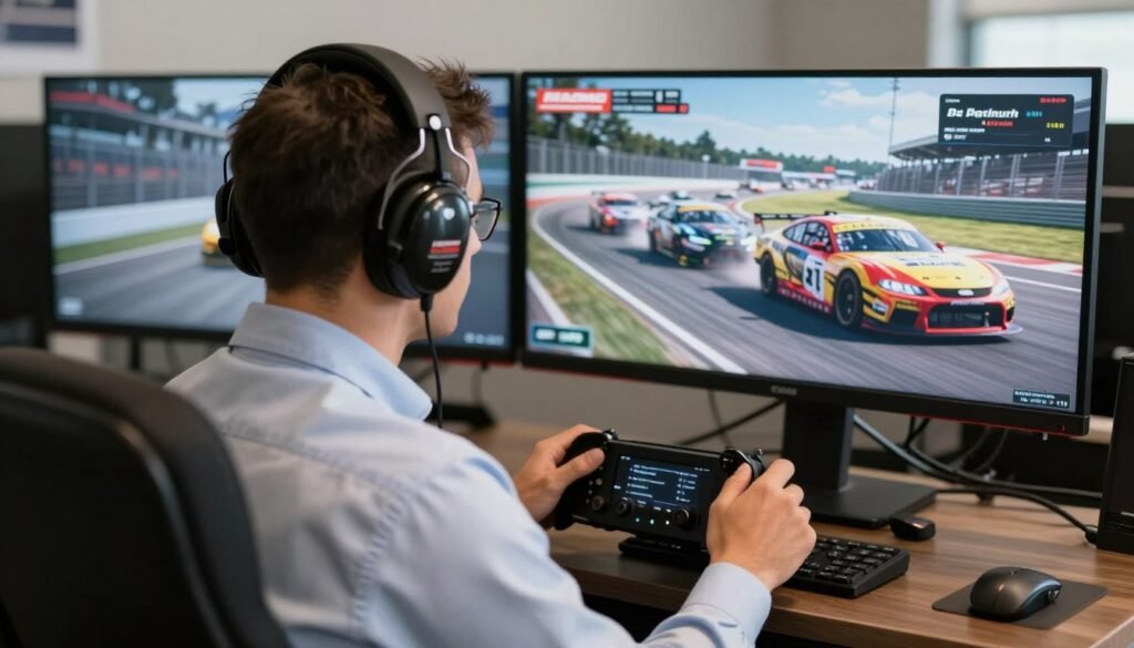 A professional sim racer wearing a branded headset, focused intensely on a monitor showing a pack of stock cars on the iRacing racing simulator platform at Daytona.