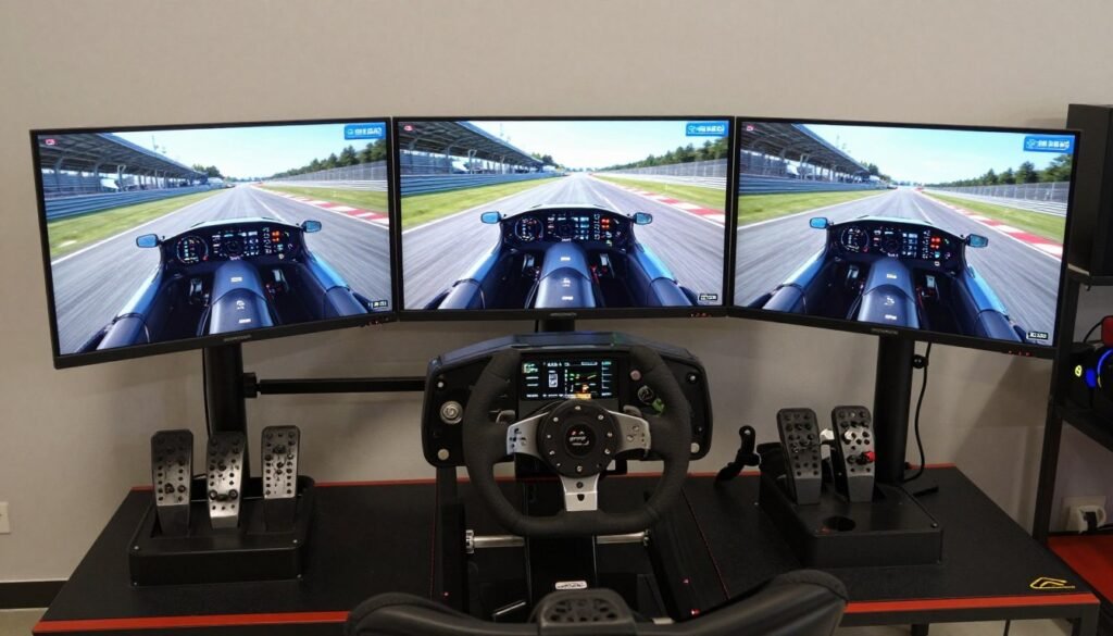 A professional sim racing cockpit featuring a direct-drive steering wheel, hydraulic pedals, and three 32-inch curved monitors displaying a realistic cockpit view of a GT3 car on a racetrack. A professional sim racing cockpit featuring a direct-drive steering wheel, hydraulic pedals, and three 32-inch curved monitors displaying a realistic cockpit view of a GT3 car on a racetrack.