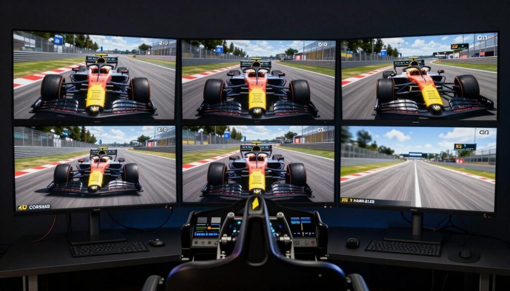 A professional sim racing cockpit featuring three CORSAIR XENEON 32UHD144-A monitors in a seamless panoramic array, showing a detailed F1 car interior and race track, photorealistic, 8k.