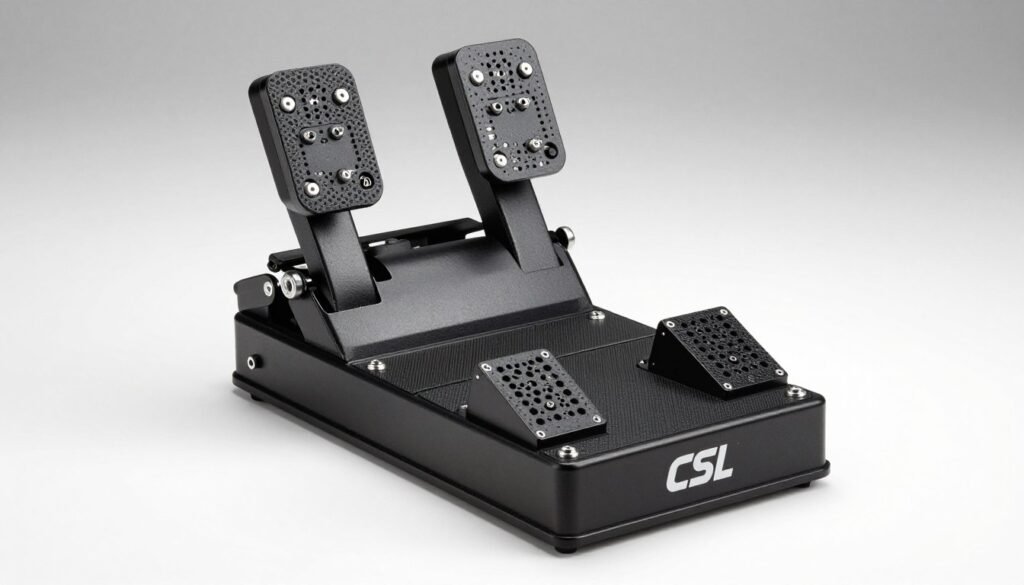 A professional sim racing pedal set, CSL Elite Pedals V2, featuring a heavy-duty load cell brake pedal, metal construction, and adjustable faces.