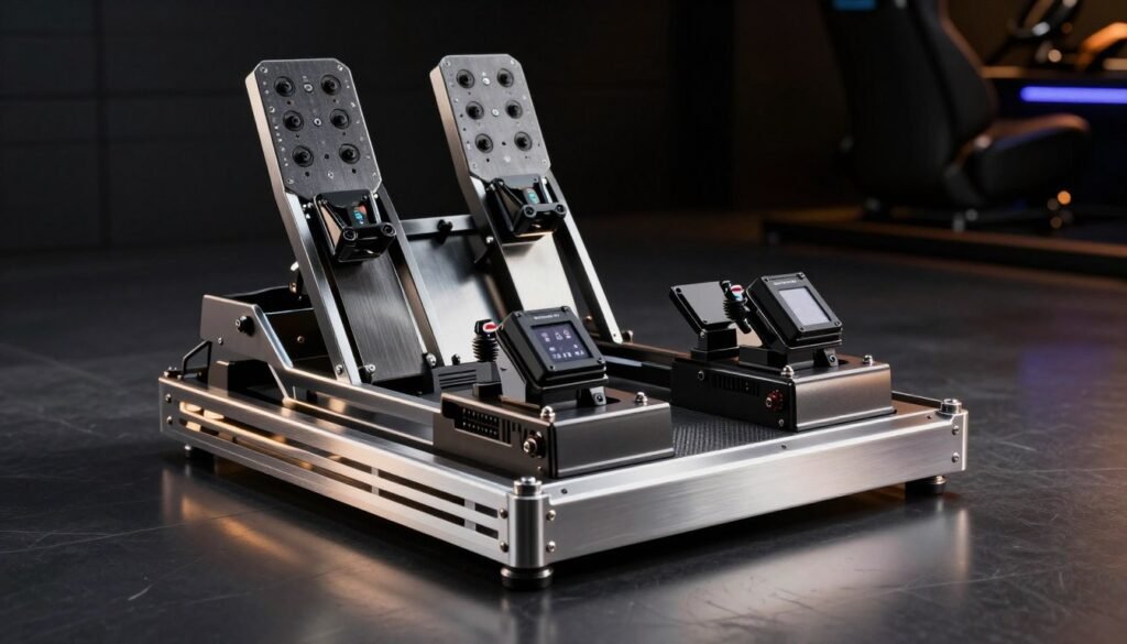 A professional sim racing pedal set with high-end load cell sensors, industrial aesthetic, stainless steel construction, mounted on a rigid aluminum cockpit base, cinematic lighting.