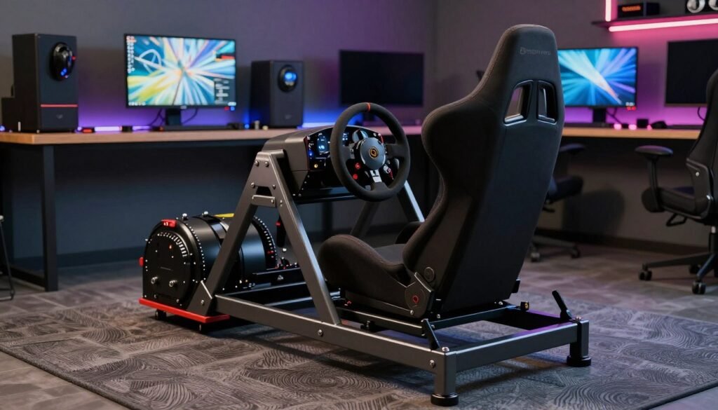 A professional sim racing rig with a bucket seat, a sturdy metal frame, and a mounted direct drive wheel base in a dedicated gaming room.