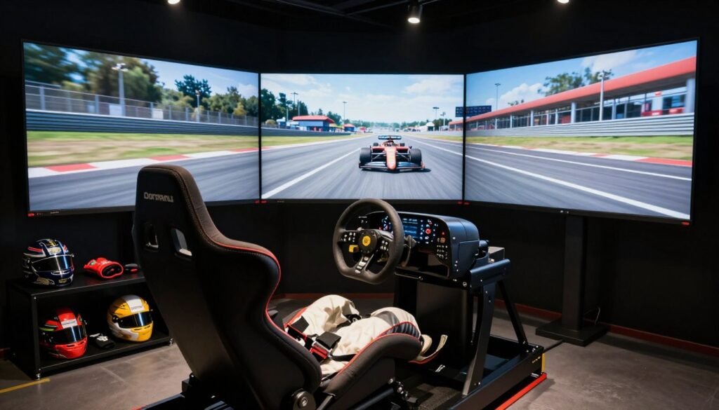 A professional sim racing setup designed for Formula 1 drivers, prominently featuring a high-end racing wheel and motion simulator rig in the foreground. The racing chair, equipped with harnesses and a realistic dashboard, is set against a dynamic backdrop of a large, curved triple-monitor display showing an immersive racing scene. Soft overhead lights create a focused atmosphere, highlighting detail in the equipment while casting subtle shadows. The middle ground includes a neatly organized space with racing gear, such as helmets and gloves, emphasizing professionalism. The overall mood conveys excitement and focus, reminiscent of a high-stakes racing environment, shot from a slightly elevated angle to capture the depth and complexity of the setup. The scene is polished, reflecting the cutting-edge technology used by elite drivers.