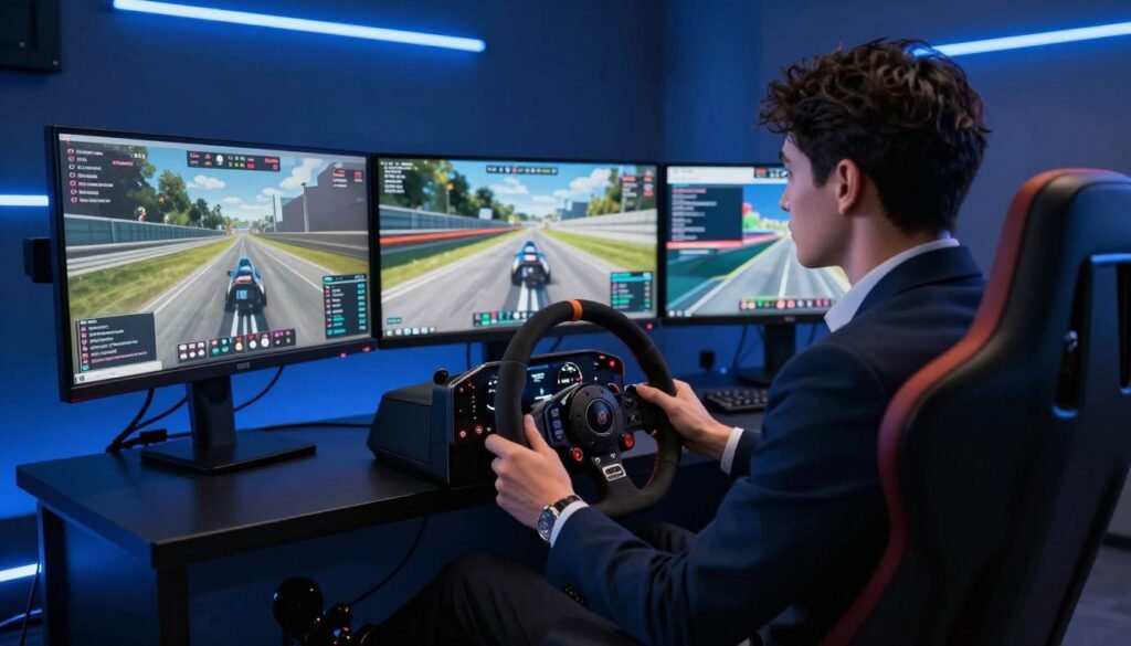 A professional sim racing setup in a dimly lit room with blue neon lights, showing a high-end direct drive wheel and three monitors displaying a Twitch stream overlay with a live chat and viewer count. A professional sim racing setup in a dimly lit room with blue neon lights, showing a high-end direct drive wheel and three monitors displaying a Twitch stream overlay with a live chat and viewer count.