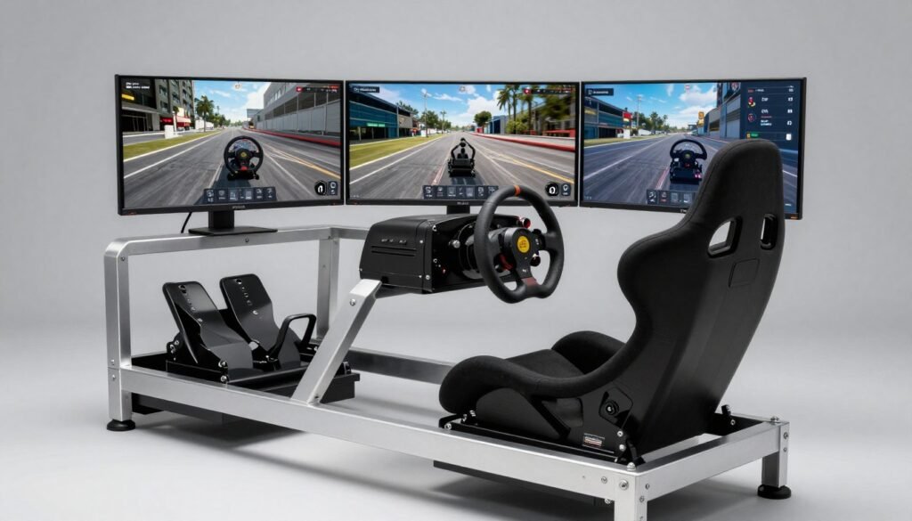 A professional sim racing wheel and pedal set mounted on a sturdy aluminum profile cockpit with three large monitors and a racing bucket seat. A professional sim racing wheel and pedal set mounted on a sturdy aluminum profile cockpit with three large monitors and a racing bucket seat.