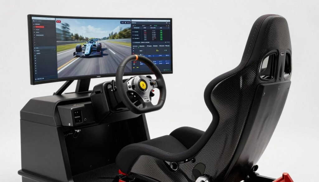 A professional static F1 simulator with a high-end direct drive wheel and authentic carbon fiber racing seat in a clean studio setting.