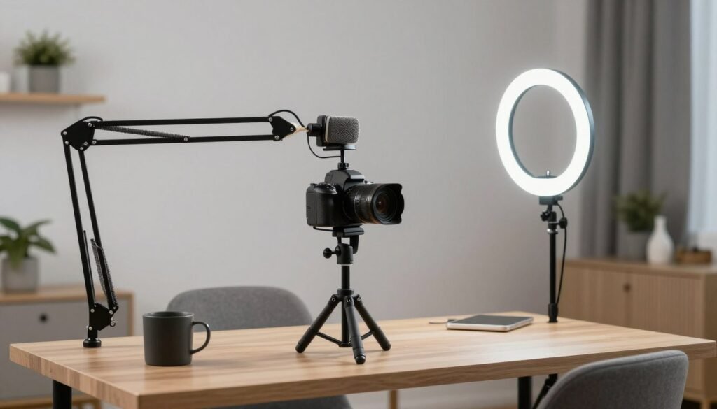 A professional streaming camera and microphone setup with a ring light and a desktop boom arm in a modern home studio. A professional streaming camera and microphone setup with a ring light and a desktop boom arm in a modern home studio.
