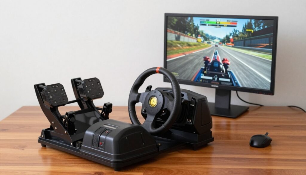 A realistic photo of a budget sim racing wheel and pedals for beginners, mounted on a wooden desk with a single monitor showing a racing game.