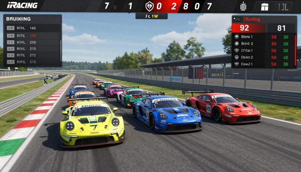 A screenshot of the iRacing software interface showing a lineup of GT3 race cars on a digital track with detailed timing scoring boards.
