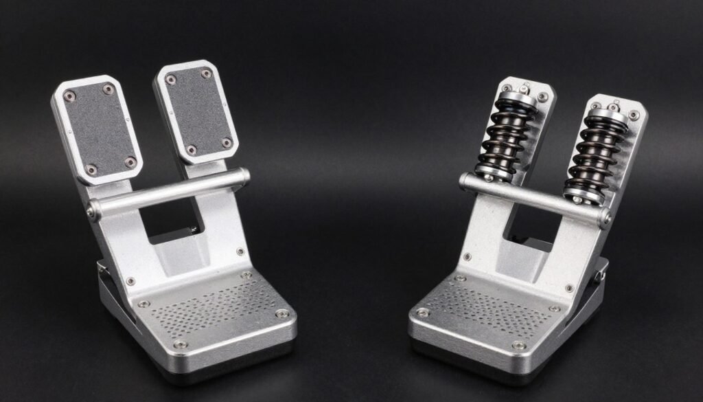 A set of high-end load cell brake pedals sim racing for a professional cockpit, featuring adjustable aluminum pedals and heavy-duty springs.