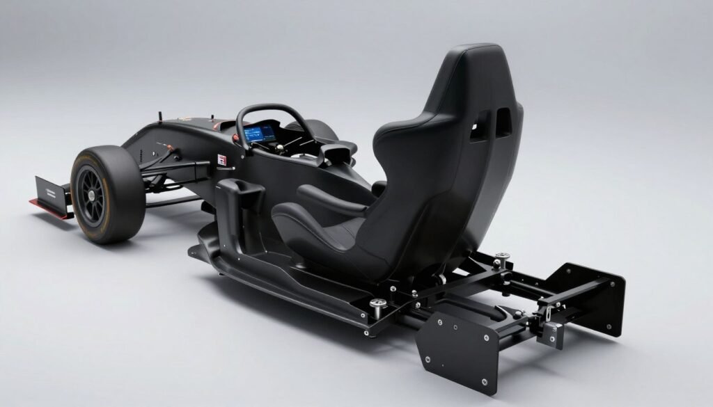 A sleek, black aluminum extrusion cockpit designed for formula-style seating with an adjustable pedal tray.