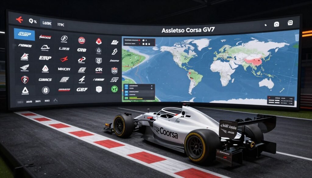 A sleek digital dashboard displaying a sim racing platform with various league logos, a high-detail Assetto Corsa GT3 car on a starting grid, and a global map showing active drivers, photorealistic style, cinematic lighting, 4k resolution.