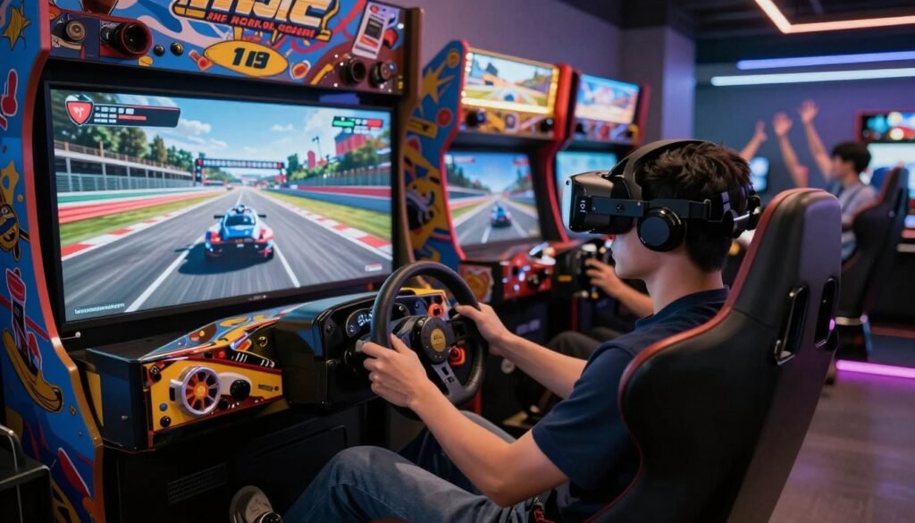 A split scene showcasing the contrast between sim racing and arcade racing games. In the foreground, a hyper-realistic sim racing setup with a high-end racing wheel, virtual reality headset, and a detailed racing chair, emphasizing the technical precision and realism, with soft ambient lighting creating an immersive atmosphere. In the middle, an arcade racing machine with a colorful, cartoonish design, featuring a large screen displaying an exaggerated racing scene, bright lights, and a playful atmosphere. The background highlights a race track with a blurred finish line and cheering crowds, capturing the excitement of both experiences. The overall mood is energetic and dynamic, inviting viewers to explore the differences in realism between the two racing genres.