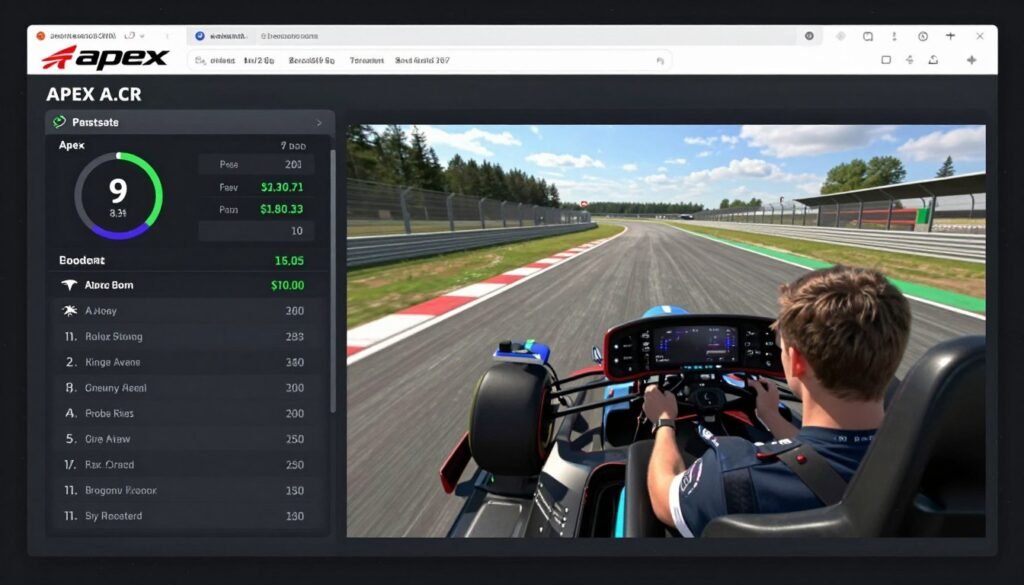 A split-screen view showing a professional sim racer's telemetry data on one side and a first-person view of a car hitting an apex on a race track on the other, designed for a coaching website. A split-screen view showing a professional sim racer's telemetry data on one side and a first-person view of a car hitting an apex on a race track on the other, designed for a coaching website.