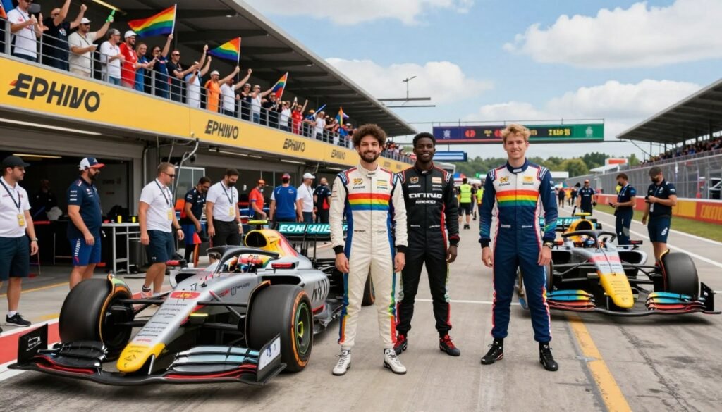 A vibrant Formula 1 race scene celebrating diversity and inclusion in motorsport. In the foreground, a group of diverse drivers, including an LGBTQ+ individual, are standing proudly beside their cars, wearing professional racing suits adorned with rainbow accents. The middle ground features a bustling pit lane with crew members from various backgrounds working harmoniously together, emphasizing collaboration and teamwork. In the background, a cheering crowd waves rainbow flags, enjoying the dynamic atmosphere of the race day under a bright blue sky. Utilize soft lighting and a wide-angle lens to capture the excitement, vibrant colors, and the sense of community. The mood is uplifting and inspiring, showcasing the beauty of inclusivity within the high-speed world of Formula 1.