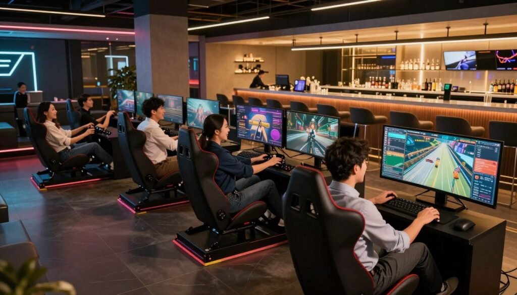 A wide-angle cinematic shot of a modern, upscale sim racing lounge with a group of diverse professionals in business casual attire laughing and competing on high-end simulators, warm ambient lighting, neon accents, and a bar area in the background.