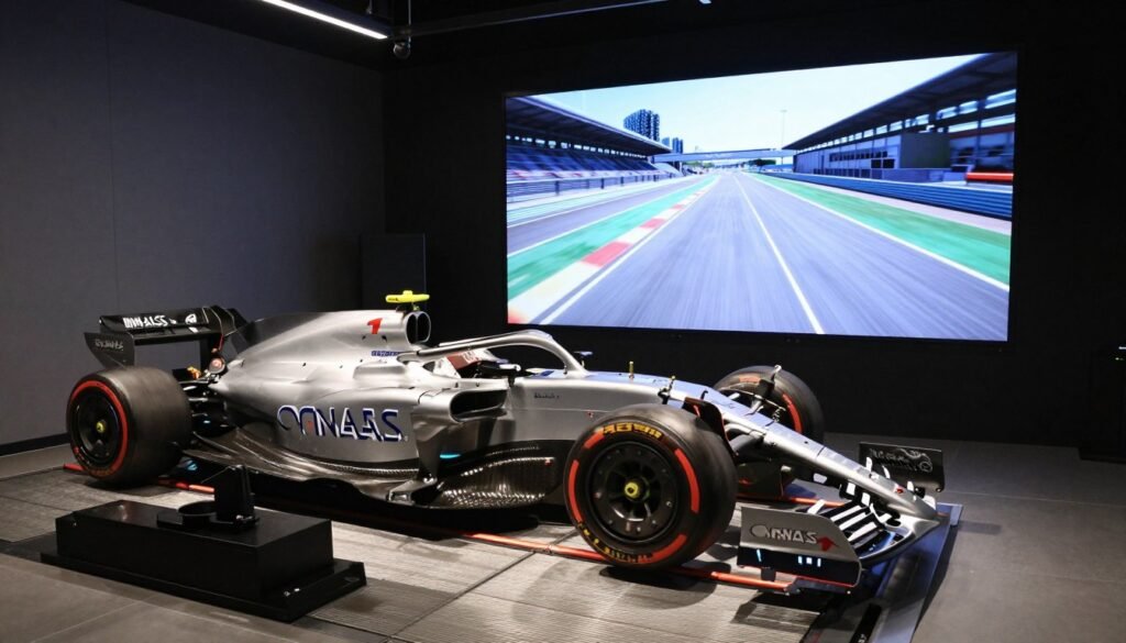 Advanced hydraulic motion simulator mimicking an F1 car cockpit with moving actuators and a wide screen display.