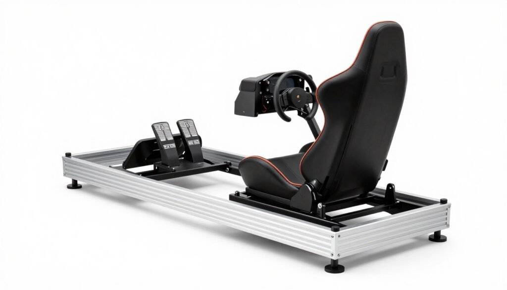 An aluminum profile F1 style sim racing rig with a low-slung seating position, showing the adjustable pedal plate and wheel mount, white background.