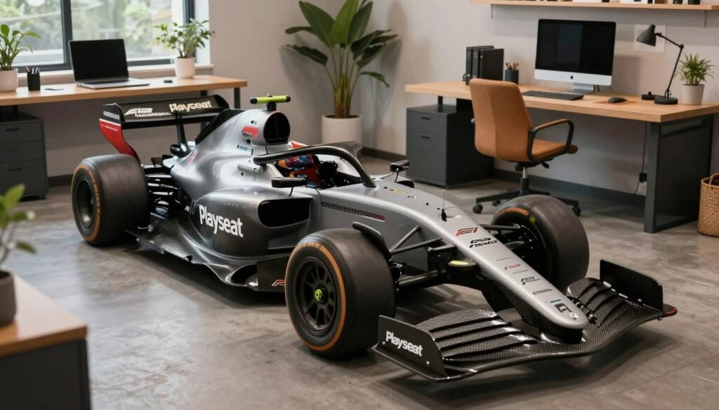 Cinematic wide shot of a PlaySeat Formula Intelligence F1 Edition cockpit in a modern home office, official F1 branding clearly visible on the chassis, carbon fiber accents, professional direct drive wheel attached.