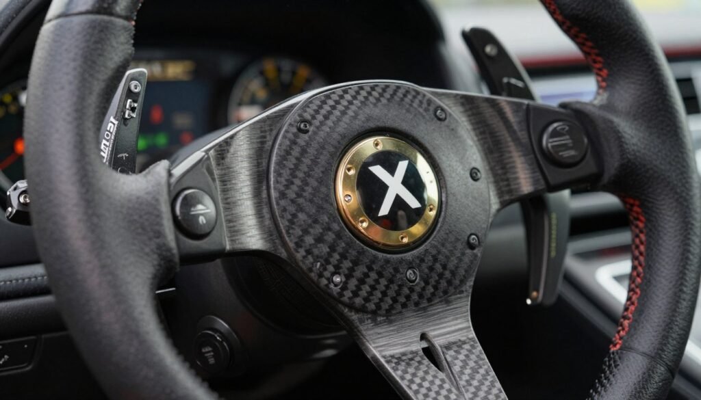 Close-up of a Fanatec ClubSport Steering Wheel Formula 2.5 X, highlighting the Xbox guide button, carbon fiber faceplate, and specialized paddle shifters.