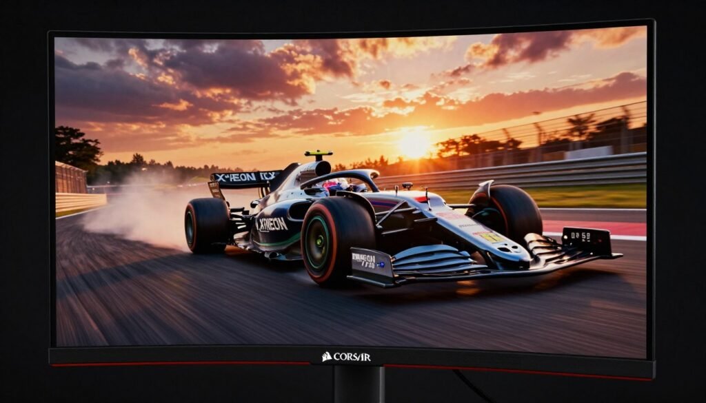 Close-up of the CORSAIR XENEON FLEX 45WQHD240 monitor with its screen curved, displaying a high-speed Formula 1 race at sunset, vibrant colors, cinematic lighting.