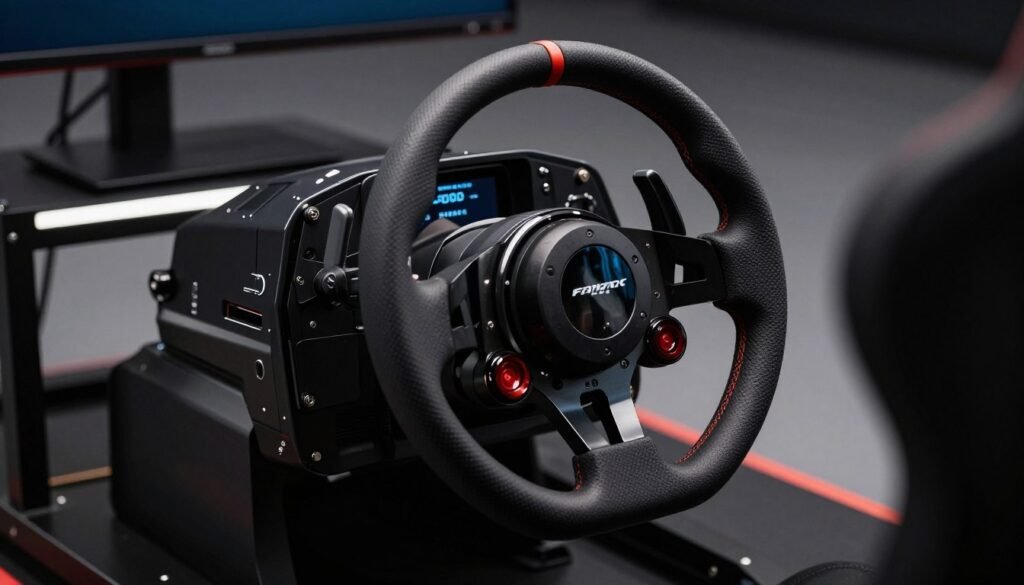 Close-up photo of a Fanatec ClubSport DD+ direct drive wheelbase on a modern sim racing rig, sleek black aluminum finish, high-quality lighting, 8k resolution.