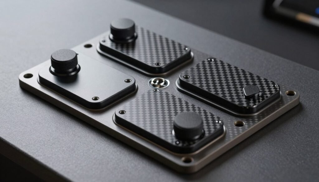 Detailed view of the Podium Advanced Paddle Module with four magnetic shifters and two analog paddles, featuring carbon fiber shifter plates.