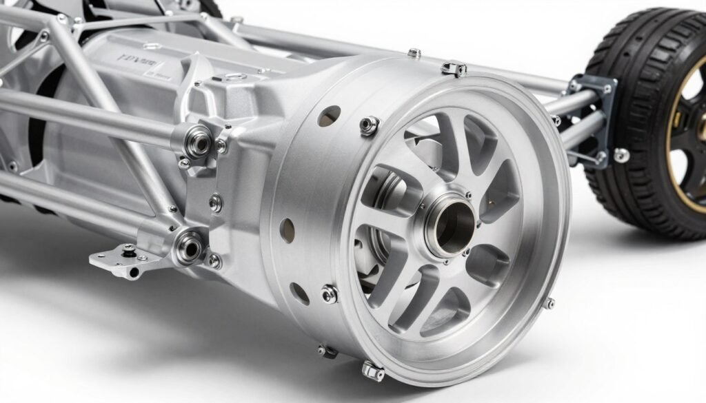 Detailed view of the silver ASR 4 aluminum chassis highlighting the beefy 4.5-inch base and redesigned wheel deck.