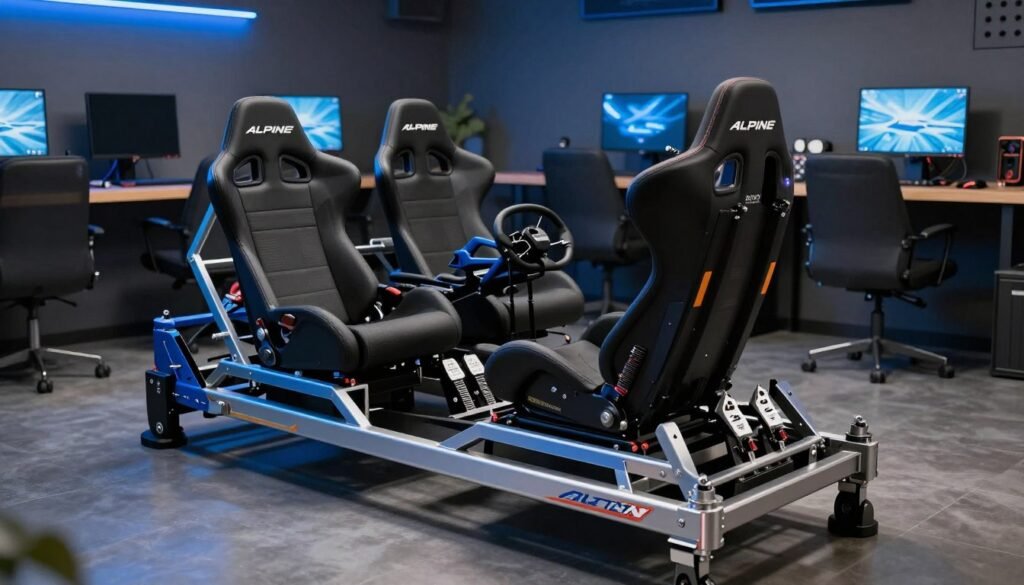 High-end Alpine Racing TRX Trak Racer cockpit in a dark gaming room, signature Alpine blue accents on the steel frame, dual-position seating setup with a professional hydraulic pedal set.