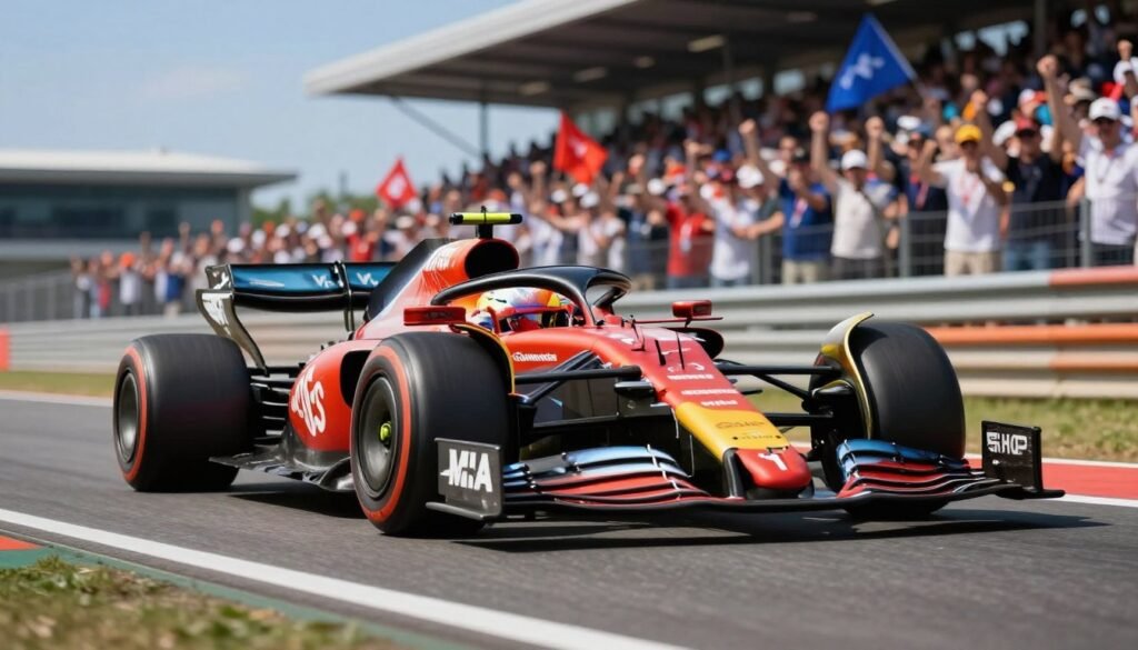 Max Verstappen, in a sleek, vibrant Formula 1 car adorned with the iconic number 1, is portrayed in the foreground, speeding down a racetrack. The car is dynamic and detailed, showcasing aerodynamic features and a glossy finish that reflects the sunlight. In the middle ground, a blurred crowd of enthusiastic fans waves flags, their excitement palpable. The background reveals a modern racetrack under a clear blue sky, with stands filled with cheering spectators. The perspective captures a low angle, emphasizing the raw power of the car as it dominates the scene. Bright, natural lighting enhances the lively atmosphere, creating a sense of thrill and competition that embodies the essence of championship racing.