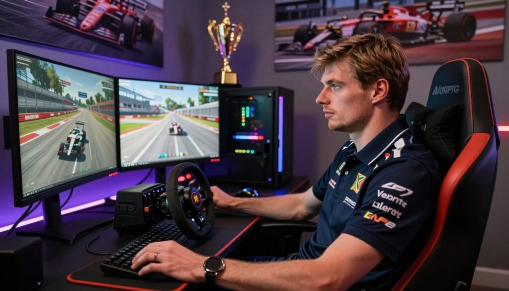 Max Verstappen sitting in a modern gaming chair, fully immersed in an e-sports racing setup featuring high-end gaming monitors displaying an iRacing simulation. In the foreground, focus on the intense concentration on Verstappen's face, adorned in a professional motorsport team polo shirt. In the middle ground, a detailed gaming rig with colorful LED lights subtly illuminating the scene, showcasing top-of-the-line racing equipment like a steering wheel and pedals. In the background, posters of Formula 1 cars and trophies contribute to a Motive atmosphere, with ambient lighting casting a dynamic glow around the setup. The composition should capture action and excitement, evoking the competitive spirit of e-sports racing and its connection to Formula 1. Max Verstappen sitting in a modern gaming chair, fully immersed in an e-sports racing setup featuring high-end gaming monitors displaying an iRacing simulation. In the foreground, focus on the intense concentration on Verstappen's face, adorned in a professional motorsport team polo shirt. In the middle ground, a detailed gaming rig with colorful LED lights subtly illuminating the scene, showcasing top-of-the-line racing equipment like a steering wheel and pedals. In the background, posters of Formula 1 cars and trophies contribute to a Motive atmosphere, with ambient lighting casting a dynamic glow around the setup. The composition should capture action and excitement, evoking the competitive spirit of e-sports racing and its connection to Formula 1.