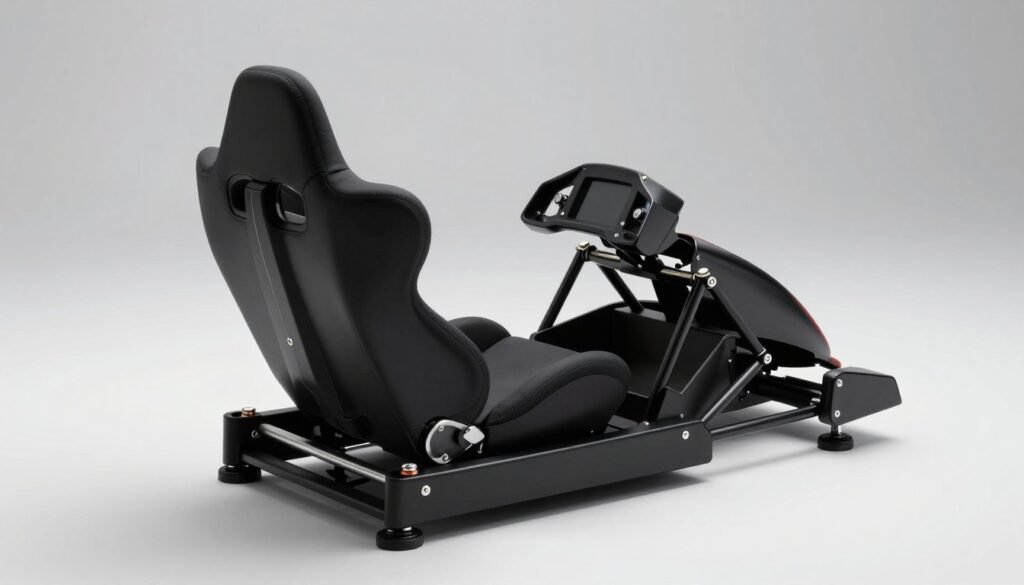 Minimalist OverPower OP Formula cockpit made of sleek black Birch and metal, ergonomic thick neoprene cushions, Finnish design aesthetic, compact yet rigid sim racing rig.
