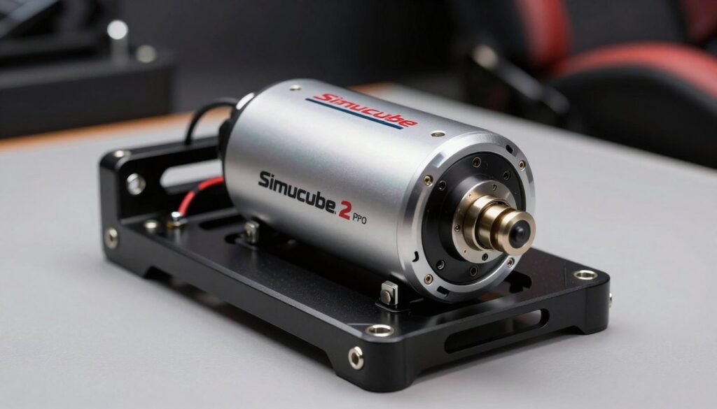 Professional Simucube 2 Pro direct drive motor mounted on a heavy-duty sim racing chassis, industrial industrial design, premium racing equipment photography.