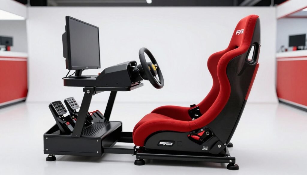 Red Sabelt P99 EVO formula cockpit with a professional FIA-style bucket seat, high-end sim racing pedals installed, professional racing team aesthetic in a bright studio setting.