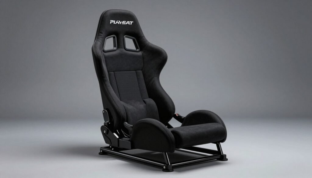 The PlaySeat Formula Black racing seat showing its authentic low-slung F1 driving position and powder-coated steel frame.