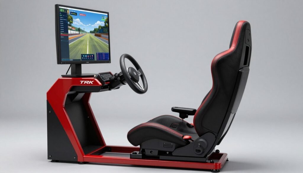 The TRK Package Static Simulator featuring a robust red and black formula-style frame and authentic seating position.