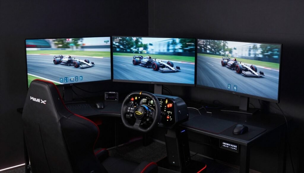 X Wav static F1 simulator with a curved triple monitor setup and a high-tech steering wheel in a dark gaming room.